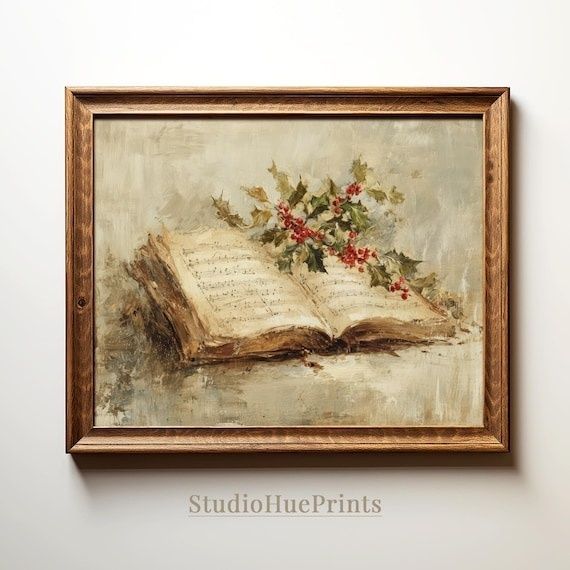 Framed painting of an open hymn book with holly branches